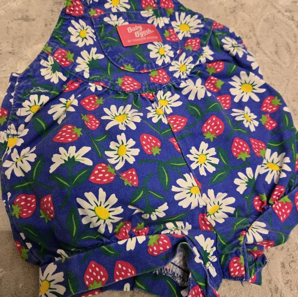 OshKosh B'gosh Vintage 1990s Blue Strawberry Print Floral Onesie Overalls